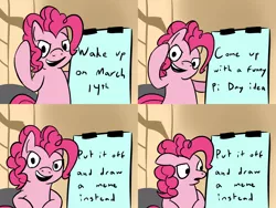 Size: 1600x1200 | Tagged: safe, artist:phat_guy, derpibooru import, pinkie pie, earth pony, pony, bipedal, comic, confused, despicable me, english, exploitable meme, facial expressions, female, flipchart, floppy ears, grin, gru's plan, looking at you, mare, meme, parody, plan, raised arm, raised hoof, raised leg, smiling, solo, text