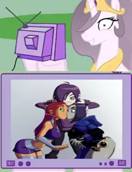 Size: 704x915 | Tagged: artist:ravenravenraven, breasts, derpibooru import, exploitable meme, female, lesbian, meme, obligatory pony, princess celestia, princess molestia, raven (teen titans), starfire, stars, suggestive, television, tv meme, zone-tan