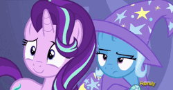 Size: 540x280 | Tagged: animated, annoyed, cape, celestial advice, clothes, derpibooru import, discovery family logo, eyeroll, gif, giggling, hat, laughing, lip bite, magician, magician outfit, nervous, safe, screencap, starlight glimmer, trixie, trixie's cape, trixie's hat, unamused