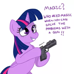 Size: 1024x1024 | Tagged: alicorn, artist:ichduhernz, bipedal, derpibooru import, gun, handgun, lol, pistol, safe, smiling, solo, twilight sparkle, twilight sparkle (alicorn), weapon