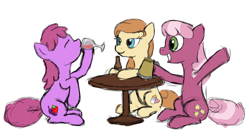 Size: 1928x1088 | Tagged: safe, artist:bill-the-pony, derpibooru import, berry punch, berryshine, cheerilee, oc, oc:cream heart, pony, alcohol, cider, colored sketch, drunk, go home you're drunk, mug, simple background, sitting, table, tankard, white background, wine