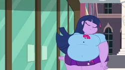 Size: 1920x1080 | Tagged: safe, artist:shitigal-artust, derpibooru import, edit, edited screencap, screencap, twilight sparkle, equestria girls, equestria girls (movie), bbw, breasts, busty twilight sparkle, canterlot high, door, double chin, fat, female, obese, solo, ssbbw, this will end in destruction, twilard sparkle