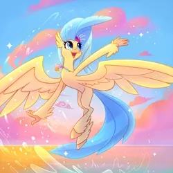 Size: 800x800 | Tagged: artist:meekcheep, classical hippogriff, cloud, cute, derpibooru import, female, flower, flower in hair, flying, happy, hippogriff, jewelry, looking up, my little pony: the movie, necklace, open mouth, princess skystar, safe, seashell necklace, sky, skyabetes, solo, splash, splashing, spread wings, water, wings