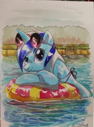 Size: 1132x1528 | Tagged: safe, artist:yulyeen, derpibooru import, minuette, pony, semi-anthro, unicorn, bikini, clothes, female, floaty, glasses, looking at you, mare, smiling, solo, sunglasses, swimming pool, swimsuit, traditional art, wet, wet mane