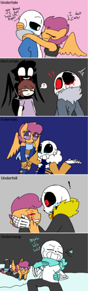 Size: 1184x3896 | Tagged: anthro, artist:synnibear03, comic:ponytale, crossover, crossover shipping, derpibooru import, female, horrortale, horrortale scootaloo, male, oc, oc:ponytale scootaloo, old art, outertale, outertale scootaloo, sans (undertale), scootaloo, scootasans, semi-grimdark, shipping, straight, underfell, underfell scootaloo, underswap, underswap scootaloo, undertale