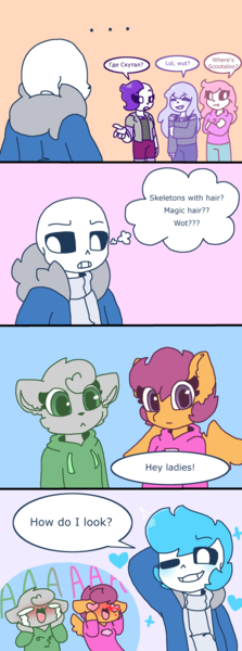 Size: 2124x5710 | Tagged: safe, artist:synnibear03, derpibooru import, scootaloo, oc, oc:fano, oc:ponytale scootaloo, oc:susan, anthro, comic:ponytale, canon x oc, crossover, crossover shipping, female, male, sans (undertale), scootasans, shipping, straight, susans, undertale