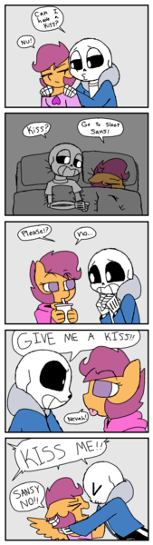 Size: 1000x3544 | Tagged: safe, artist:synnibear03, derpibooru import, scootaloo, oc, oc:ponytale scootaloo, anthro, comic:ponytale, crossover, crossover shipping, female, male, sans (undertale), scootasans, shipping, straight, undertale