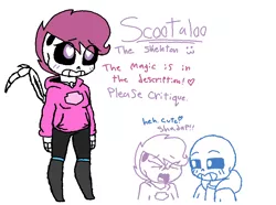 Size: 1063x789 | Tagged: safe, artist:synnibear03, derpibooru import, scootaloo, oc, oc:ponytale scootaloo, comic:ponytale, bone, crossover, crossover shipping, female, male, sans (undertale), scootasans, shipping, skeleton, skeleton scootaloo, straight, undertale