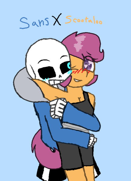 Size: 557x770 | Tagged: anthro, artist:synnibear03, blue background, blushing, comic:ponytale, crossover, crossover shipping, derpibooru import, female, male, oc, oc:ponytale scootaloo, safe, sans (undertale), scootaloo, scootasans, shipping, simple background, straight, undertale