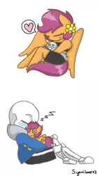 Size: 806x1442 | Tagged: anthro, artist:synnibear03, comic:ponytale, crossover, crossover shipping, derpibooru import, female, male, oc, oc:ponytale scootaloo, plushie, safe, sans (undertale), scootaloo, scootasans, shipping, straight, undertale