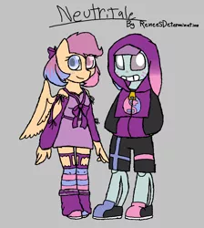 Size: 1118x1250 | Tagged: anthro, artist:synnibear03, clothes, comic:ponytale, derpibooru import, dress, duo, gray background, neutritale, oc, oc:neutritale scootaloo, oc:ponytale scootaloo, safe, sans (undertale), scootaloo, simple background, undertale, unguligrade anthro