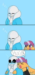 Size: 1130x2371 | Tagged: anthro, artist:synnibear03, comic:ponytale, crossover, crossover shipping, cute, derpibooru import, female, hape, hug, male, oc, oc:ponytale scootaloo, safe, sans (undertale), scootaloo, scootasans, shipping, straight, undertale