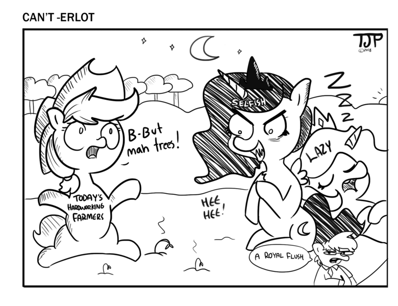 Size: 1872x1440 | Tagged: safe, artist:tjpones, derpibooru import, applejack, princess celestia, princess luna, oc, oc:tjpones, alicorn, earth pony, pony, black and white, crescent moon, dialogue, editorial cartoon, evil grin, fangs, female, grayscale, grin, hooves together, laughing, lazy, male, mare, monochrome, moon, necktie, night, on back, parody, political cartoon, pun, royal sisters, rubbing hooves, satire, selfish, sharp teeth, signature, simple background, sitting, sleeping, smiling, speech bubble, stallion, stan kelly, sweet apple acres, teeth, text, the onion, tyrant celestia, tyrant luna, white background, zzz