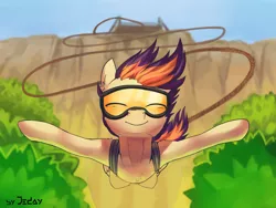 Size: 2000x1500 | Tagged: safe, artist:jedayskayvoker, derpibooru import, oc, oc:zephyr leaf, unofficial characters only, pegasus, pony, bungee jumping, cliff, commission, eyes closed, falling, goggles, male, rope, smiling, solo, wings, ych result