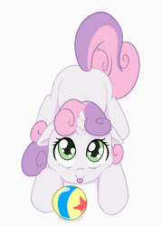 Size: 500x700 | Tagged: safe, artist:dstears, derpibooru import, sweetie belle, pony, unicorn, :p, animated, ball, behaving like a dog, blank flank, butt shake, cute, daaaaaaaaaaaw, diasweetes, eye shimmer, female, filly, floppy ears, gif, looking at you, looking up, luxo's ball, pixar, plot, silly, simple background, solo, sweet dreams fuel, tail wag, tongue out, weapons-grade cute, white background