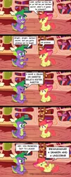 Size: 900x2224 | Tagged: safe, artist:aleximusprime, derpibooru import, apple bloom, spike, dragon, earth pony, pony, accent, blank flank, female, filly, golden oaks library, laughing, speech bubble, truth or dare