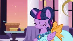 Size: 1920x1080 | Tagged: safe, derpibooru import, screencap, twilight sparkle, twilight sparkle (alicorn), alicorn, pony, make new friends but keep discord, season 5, alternate hairstyle, beautiful, cheerful, clothes, dress, eyes closed, female, folded wings, food, gala, gala dress, grand galloping gala, hair bun, image, jewelry, mare, necklace, png, smiling, solo, table, wings