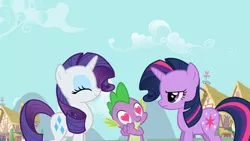 Size: 1280x720 | Tagged: safe, derpibooru import, screencap, rarity, spike, twilight sparkle, dragon, pony, unicorn, the cutie pox, alternate hairstyle, eyes closed, female, heart eyes, hub logo, implied shipping, implied sparity, implied straight, male, mare, rarity hair, smiling, trio, twilight is not amused, unamused, unicorn twilight, wingding eyes