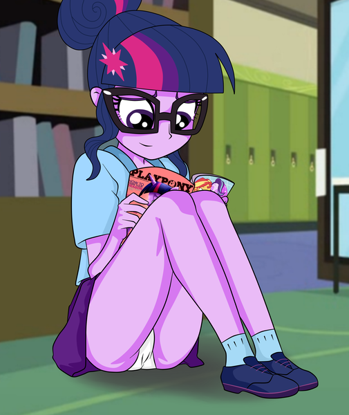 Size: 2240x2664 | Tagged: questionable, artist:philelmago, derpibooru import, sci-twi, starlight glimmer, sunset shimmer, twilight sparkle, equestria girls, friendship games, rainbow rocks, cameltoe, clothes, everfree forest, glasses, hair bun, implied lesbian, implied porn, implied shimmerglimmer, legs, oblivious, panties, playboy, playpony, shoes, skirt, skirt lift, socks, solo, underwear, upskirt, white underwear