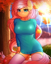 Size: 2404x3000 | Tagged: adorasexy, angel bunny, anthro, artist:twistedscarlett60, blushing, breasts, busty fluttershy, clothes, cute, derpibooru import, explicit source, eye clipping through hair, female, fluttershy, implied bottomless, leaves, looking at you, mare, nail polish, pegasus, sexy, smiling, socks, solo, solo female, solo focus, stockings, suggestive, sweater, sweatershy, thigh highs, tree, underass