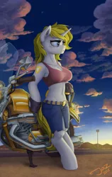 Size: 2000x3163 | Tagged: safe, artist:1jaz, derpibooru import, oc, oc:white heart, anthro, semi-anthro, unguligrade anthro, unicorn, arm hooves, belt, breasts, cleavage, clothes, female, fingerless gloves, gloves, hand, mare, midriff, motorcycle, rule 63, short pants, signature, sports bra, sunrise, ych result