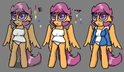 Size: 1126x655 | Tagged: anthro, artist:synnibear03, camisole, clothes, comic:ponytale, derpibooru import, female, gray background, jacket, oc, oc:ponytale scootaloo, panties, safe, scootaloo, simple background, solo, underwear, unguligrade anthro, unofficial characters only, white underwear