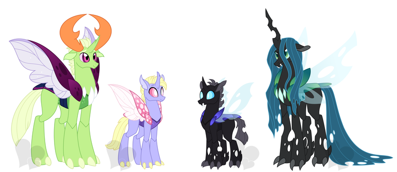 Size: 2452x1060 | Tagged: artist:faith-wolff, changedling, changeling, changeling king, changeling queen, derpibooru import, faithverse, king thorax, queen chrysalis, redesign, safe, simple background, thorax, white background