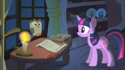 Size: 1280x720 | Tagged: safe, derpibooru import, screencap, owlowiscious, twilight sparkle, bird, owl, pony, unicorn, owl's well that ends well, book, candle, duo, female, fire, golden oaks library, looking at each other, male, mare, quill, scroll, unicorn twilight, window