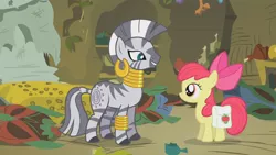 Size: 1280x720 | Tagged: safe, derpibooru import, screencap, apple bloom, zecora, earth pony, pony, zebra, bridle gossip, duo, ear piercing, earring, female, filly, jewelry, leg rings, mare, neck rings, piercing, zecora's hut