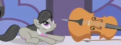 Size: 335x125 | Tagged: safe, derpibooru import, screencap, octavia melody, earth pony, pony, the best night ever, cello, cropped, looking up, musical instrument, prone, solo