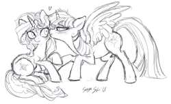 Size: 1100x668 | Tagged: safe, alternate version, artist:serge-stiles, derpibooru import, sunset shimmer, twilight sparkle, twilight sparkle (alicorn), alicorn, pony, unicorn, cute, doodle, female, grayscale, heart, kiss on the cheek, kissing, lesbian, mare, monochrome, shimmerbetes, shipping, sketch, sunsetsparkle, twiabetes