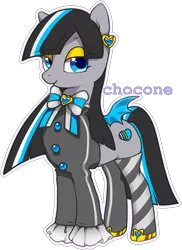 Size: 1681x2315 | Tagged: safe, artist:chocone, derpibooru import, oc, unofficial characters only, bat pony, adoptable, bat pony oc, bat wings, bow, bowtie, button, clothes, color outline, ear piercing, earring, eyelashes, eyeshadow, female, heart, jewelry, lidded eyes, makeup, mare, mismatched socks, multicolored hair, piercing, ribbon, shirt, shoes, signature, simple background, small wings, smiling, socks, solo, spread wings, striped socks, text, transparent background, wings