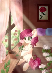 Size: 1000x1400 | Tagged: safe, artist:mitralexa, derpibooru import, roseluck, earth pony, pony, bed, crepuscular rays, cute, cuteluck, ear fluff, female, flower, indoors, mare, pillow, rose, sitting, sunlight, window