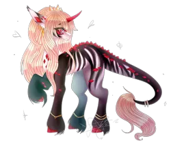 Size: 5286x4420 | Tagged: safe, artist:jukasaki, derpibooru import, oc, unofficial characters only, classical unicorn, pony, unicorn, absurd resolution, anklet, bald face, cloven hooves, colored horn, crystal, crystal horn, ear piercing, ear tufts, earring, eyelashes, female, gem, horn, jewel, jewelry, leonine tail, mare, piercing, pink hair, red eyes, red horn, signature, simple background, solo, stripes, transparent background, unshorn fetlocks
