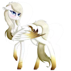 Size: 2000x2000 | Tagged: safe, artist:goldydraws, derpibooru import, oc, oc:angelica, unofficial characters only, pegasus, pony, blonde hair, blue eyes, blushing, colored eyelashes, colored wings, colored wingtips, ear blush, eyelashes, face markings, female, floppy ears, gradient hooves, gradient mane, gradient wings, lips, looking at you, mare, signature, simple background, socks (coat marking), solo, spread wings, starry wings, swirly markings, tail between legs, transparent background, wings, wings down