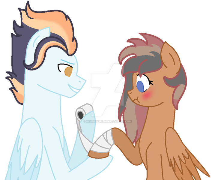 Size: 1024x857 | Tagged: safe, artist:misslittle20, derpibooru import, oc, oc:blaze, oc:storm, unofficial characters only, pegasus, pony, bandage, base used, blue eyes, blushing, colored wings, colored wingtips, female, folded wings, looking down, looking forward, male, mare, oc x oc, offspring, offspring shipping, orange eyes, parent:quibble pants, parent:rainbow dash, parent:soarin', parent:spitfire, parents:quibbledash, parents:soarinfire, scrunchy face, shipping, simple background, smiling, stallion, straight, watermark, white background, wings