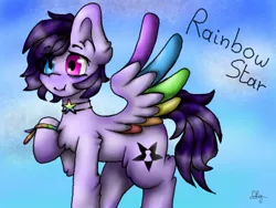 Size: 640x480 | Tagged: safe, artist:nijihoshi-oly, derpibooru import, oc, oc:rainbow star, unofficial characters only, pegasus, pony, abstract background, bags under eyes, blue eyes, bracelet, colored wings, colored wingtips, cute, dimples, female, friendship bracelet, heterochromia, jewelry, looking at you, mare, multicolored wings, name, necklace, pink eyes, purple hair, rainbow wings, signature, smiling, solo, spread wings, stars, text, wings