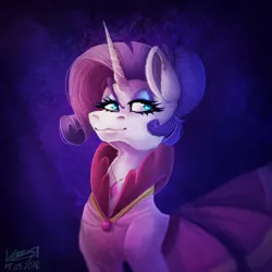 Size: 1600x1600 | Tagged: safe, artist:sakishithewolf, derpibooru import, rarity, pony, unicorn, alternate hairstyle, bun, clothes, dress, ear piercing, earring, eyelashes, eyeshadow, female, gala dress, grand galloping gala, horn, jewelry, looking away, makeup, mare, necklace, piercing, purple background, short mane, simple background, solo