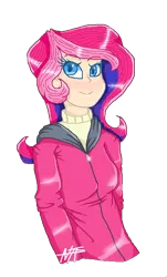 Size: 408x674 | Tagged: artist:mlp004ninintv, barely pony related, blue eyes, blue hair, blushing, clothes, derpibooru import, female, hoodie, human, humanized, humanized oc, looking at you, oc, oc:pink comet, pink hair, safe, signature, simple background, smiling, solo, sweater, transparent background, unofficial characters only