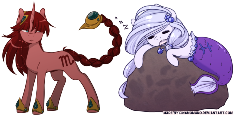 Size: 1600x792 | Tagged: safe, artist:linamomoko, derpibooru import, oc, ponified, unofficial characters only, mermaid, merpony, pony, unicorn, annoyed, blue eyes, chibi, clothes, constellation, curly tail, curved horn, cute, drool, duo, ethereal mane, eyes closed, female, frown, hairclip, hairtie, horn, jewelry, lightly watermarked, mare, mermaid tail, narrowed eyes, necklace, pisces, ponyscopes, purple hair, red hair, rock, scorpio, scorpion tail, shoes, signature, simple background, sleeping, starry mane, transparent background, url, watermark, weapons-grade cute, zodiac, zzz