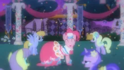 Size: 1280x720 | Tagged: safe, derpibooru import, screencap, amethyst star, drizzle, parasol, pinkie pie, spring forward, earth pony, pony, unicorn, the best night ever, clothes, dress, eyes closed, female, flower, flower in hair, gala dress, mare