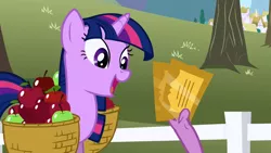 Size: 1280x720 | Tagged: safe, derpibooru import, screencap, spike, twilight sparkle, pony, unicorn, the ticket master, apple, apple basket, basket, food, gala ticket, happy, ticket