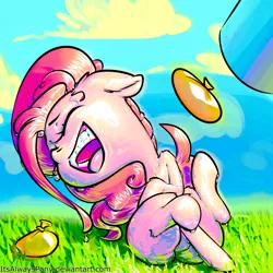 Size: 3000x3000 | Tagged: safe, artist:itsalwayspony, derpibooru import, pinkie pie, earth pony, pony, cloud, eyes closed, female, grass, laughing, mare, open mouth, party cannon, sky, smiling, solo, water balloon, wet, wet mane