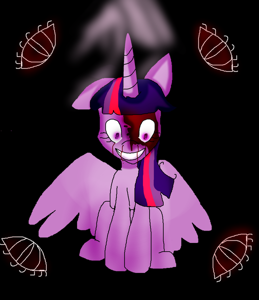 Size: 1616x1872 | Tagged: alicorn, artist:rosetheskeleton163, black background, blood, crying, derpibooru import, eye, eyes, gore, grimdark, grin, grotesque, horn, messy mane, nosebleed, simple background, smiling, solo, spread wings, tears of blood, twilight sparkle, twilight sparkle (alicorn), watermark, wide eyes, wings