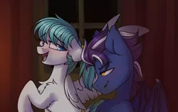 Size: 1024x649 | Tagged: suggestive, artist:starlyflygallery, derpibooru import, oc, oc:lucid mirage, unofficial characters only, bat pony, pegasus, pony, bat pony oc, cropcon, cropped, dock, female, looking at each other, looking back, male, oc x oc, one wing out, shipping, straight