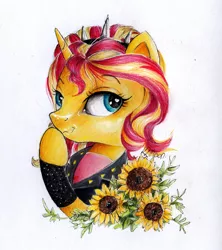 Size: 1024x1152 | Tagged: safe, artist:lailyren, artist:moonlight-ki, derpibooru import, sunset shimmer, pony, unicorn, alternate hairstyle, bust, clothes, equestria girls outfit, female, flower, headband, horn, mare, portrait, simple background, solo, sunflower, traditional art