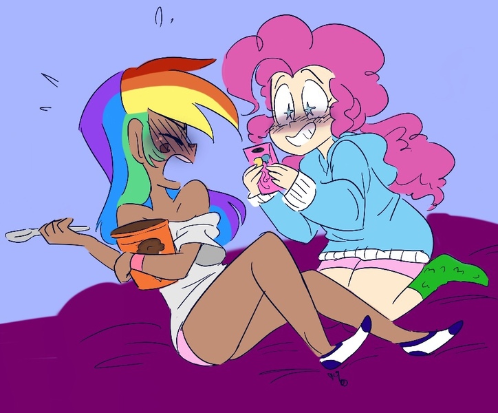 Size: 902x748 | Tagged: safe, artist:drawbauchery, artist:lordsauronthegreat, color edit, derpibooru import, edit, pinkie pie, rainbow dash, human, blushing, clothes, colored, dark skin, embarrassed, eyes closed, female, food, humanized, ice cream, lesbian, mobile phone, open mouth, phone, pinkiedash, shipping, smartphone, socks, starry eyes, wingding eyes