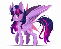 Size: 2500x2000 | Tagged: safe, artist:silbersternenlicht, derpibooru import, twilight sparkle, twilight sparkle (alicorn), alicorn, pony, blushing, curved horn, female, leonine tail, looking at you, mare, simple background, solo, spread wings, white background, wings