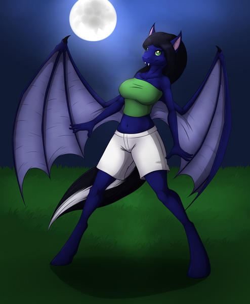 Size: 1400x1700 | Tagged: safe, artist:tomek1000, derpibooru import, oc, oc:luna song, anthro, bat pony, fangs, moon, solo