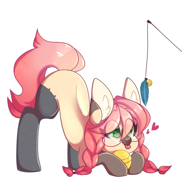 Size: 2500x2500 | Tagged: safe, artist:mimisaurusrex, derpibooru import, oc, oc:koneko, unofficial characters only, cat pony, original species, :p, behaving like a cat, bell, braid, cat socks, cat toy, clothes, collar, cute, ear fluff, eyes on the prize, face down ass up, feather, female, glasses, heart, heart eyes, mare, pigtails, silly, simple background, socks, solo, thigh highs, tongue out, transparent background, wingding eyes